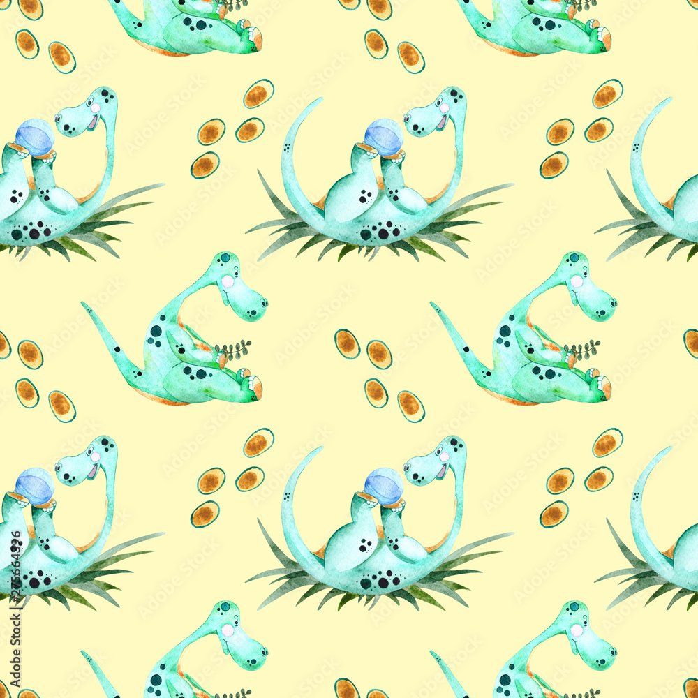 Seamless watercolor pattern with green dinosaurs. Watercolor children's illustration in cartoon style for t-shirts, fabrics, stickers, packaging paper, gifts