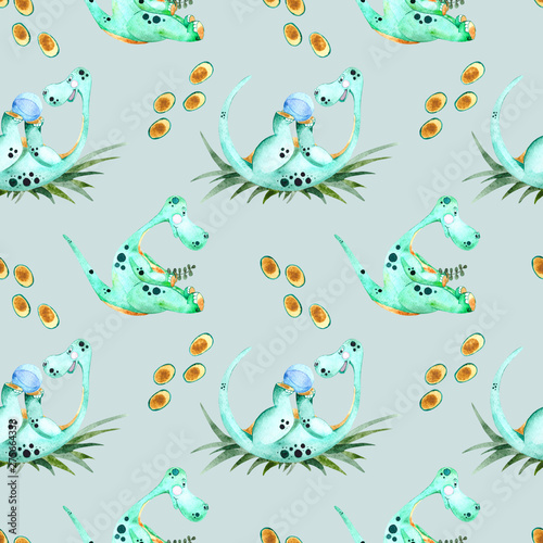 Seamless watercolor pattern with green dinosaurs. Watercolor children's illustration in cartoon style for t-shirts, fabrics, stickers, packaging paper, gifts