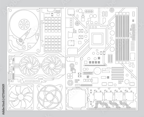 Electronic computer background. Computer hardware components. Vector of computer accessories parts.