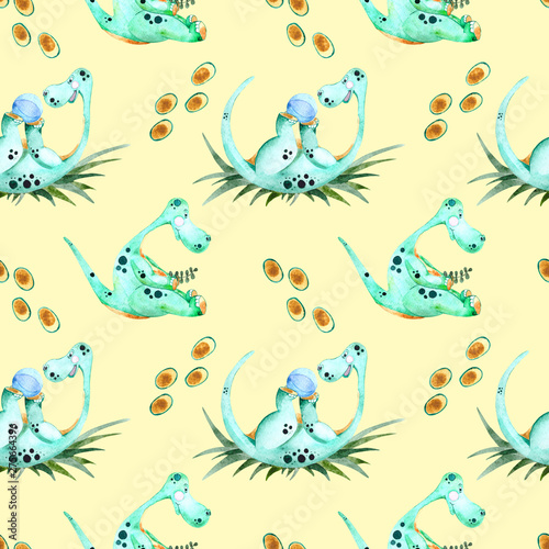 Seamless watercolor pattern with green dinosaurs. Watercolor children's illustration in cartoon style for t-shirts, fabrics, stickers, packaging paper, gifts © Vasia_illi