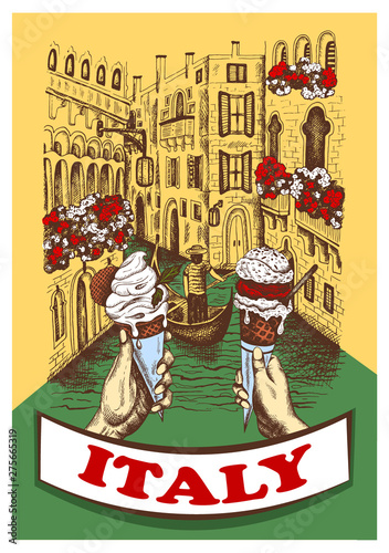 Vector illustration of sketch hand drawn view Venice in vintage style. Retro Italy, Venezia architecture, Italia, gondola, ice cream, gelato,. Advertising poster, banner,  landmark, engraved postmark.