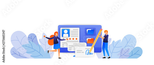 people approve new employee registration application. signature for a new agreement with a good five star rating. vector illustration concept for landing page, web, ui, banner, flyer, poster, template