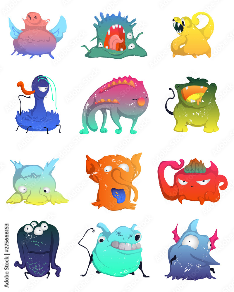 Cute monsters set. Funny fantasy characters collection. Design concept  elements for print, poster, wallpaper. Isolated objects on white  background. Colorful vector illustration Stock Vector | Adobe Stock