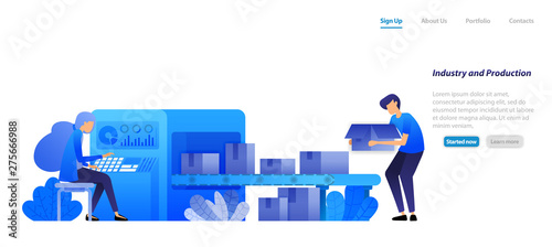 machine industry 4.0 and factory production, conveyor belts .engine send boxes are operated by a woman. flat illustration concept for landing page, web, ui, banner, flyer, poster, template, background