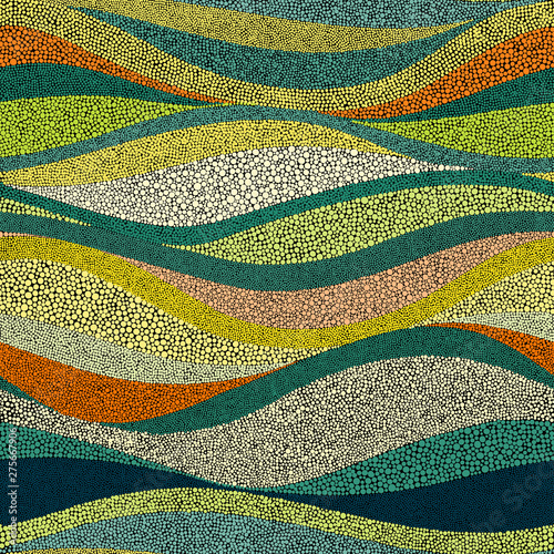 Seamless wavy pattern in pointillism style. Waves hand-drawn dots. Bohemian patchwork print. Vector illustration.