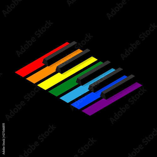 Keyboard piano to octave for badges or logo. Isometric style image. Seven keys in the colors of the rainbow.