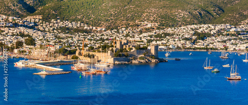 Bodrum, Turkey . hilltop view of marina and old town with fortress