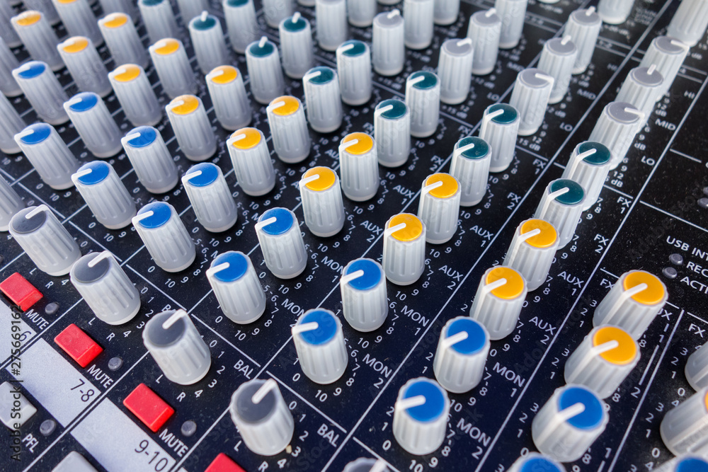 Fototapeta premium Close up of music equipment for sound mixer control, electronic device. DJ control panel