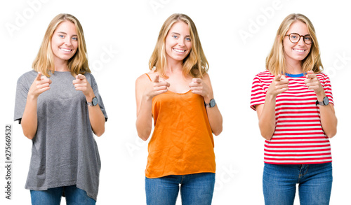 Collage of beautiful blonde woman over white isolated background pointing fingers to camera with happy and funny face. Good energy and vibes.