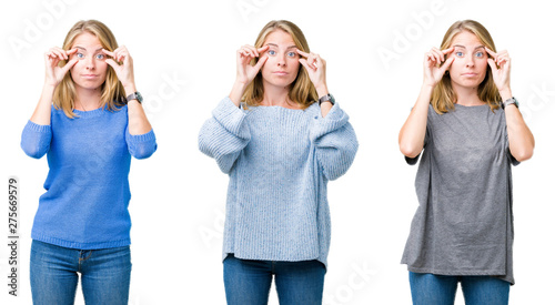 Collage of beautiful blonde woman over white isolated background Trying to open eyes with fingers, sleepy and tired for morning fatigue