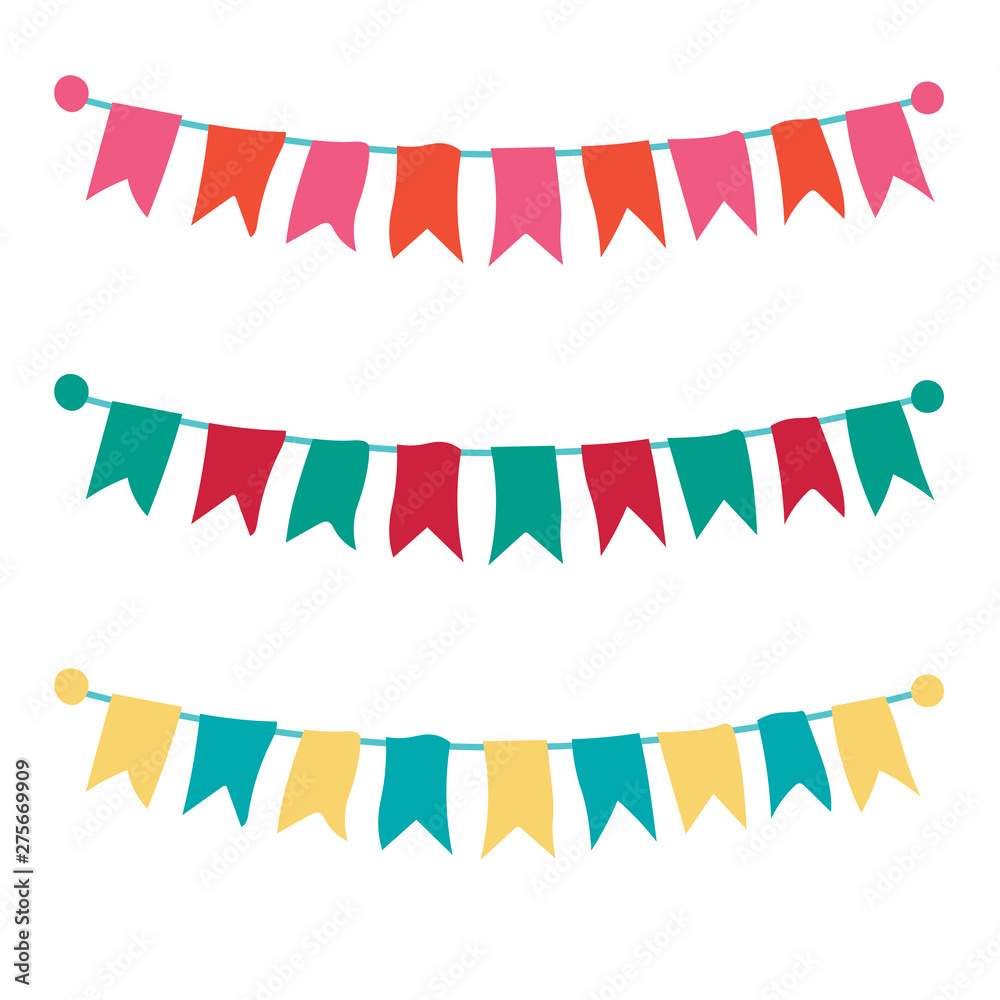 Obraz premium Multicolored bright buntings garlands isolated on white background