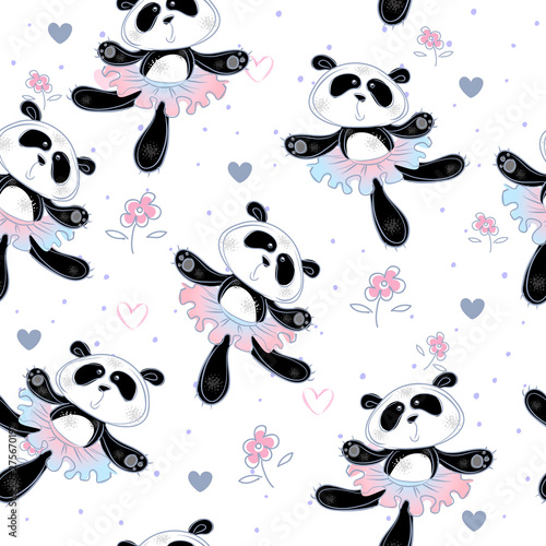 Pandas ballerinas dance. Seamless pattern. Print fabric for children. Vector