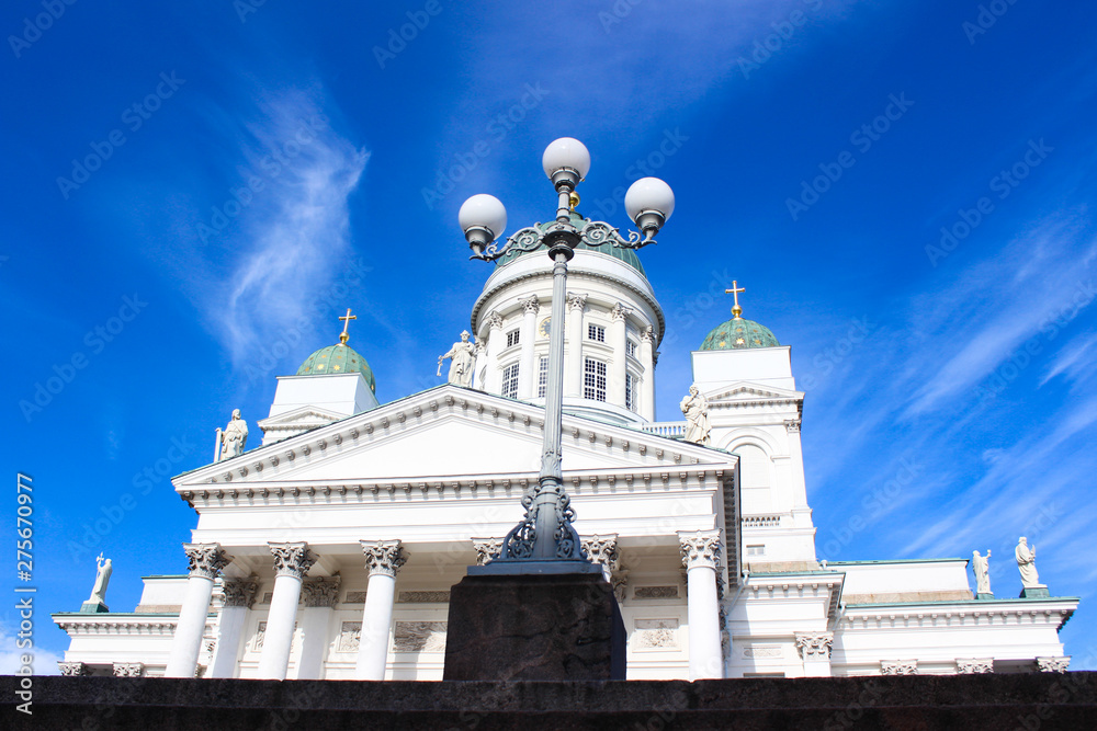 St. Nicholas Cathedral of Helsinki, Finland. Cathedral on Senate Square and beautiful blue sky