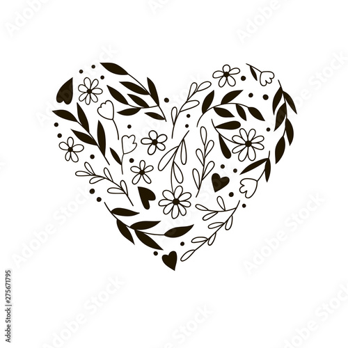 Tender doodle heart of flowers, twigs and leaves. Black and white vector pattern.
