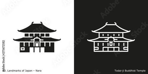 Nara: Tōdai-ji Buddhist Temple. Outline and glyph style icons of the famous landmark from Japan.