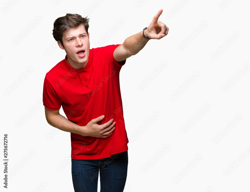 Young handsome man wearing red t-shirt over isolated background Pointing with finger surprised ahead, open mouth amazed expression, something in front Young handsome man wearing red t-shirt over isolated background Pointing with finger surprised ahead, open mouth amazed expression, something in front
