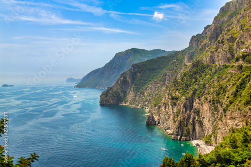 Amalfi coast on Mediterranean sea south of Naples, Italy. Beautiful view of the Amalfi Coast at daytime. Amalfi coast situated in province of Salerno, in the region of Campania, Italy. 