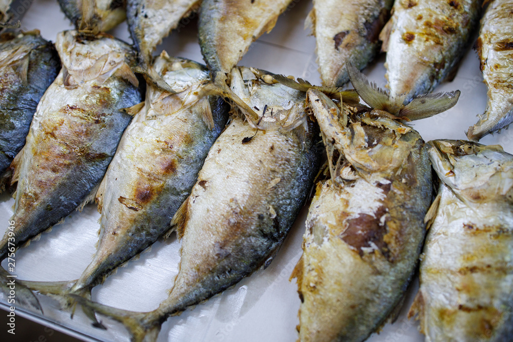 Grilled mackerel sold in the market Thailand.