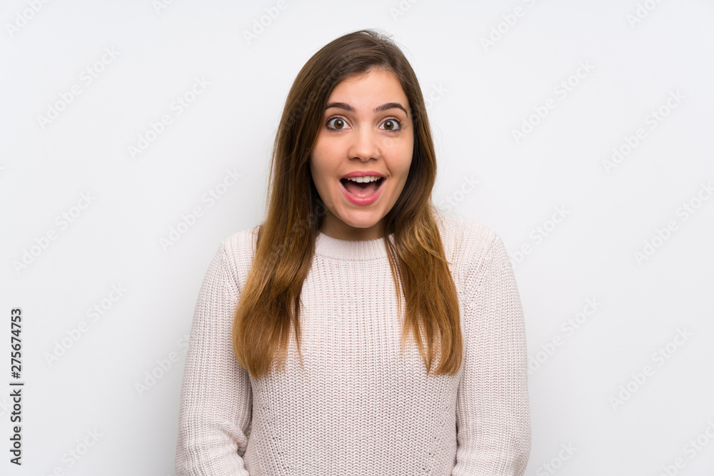 Young girl with white sweater with surprise facial expression