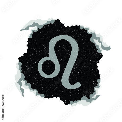 Leo zodiac sign. Symbol, badge, sticker, Magnet. Stragically horoscope. Starry sky in the clouds