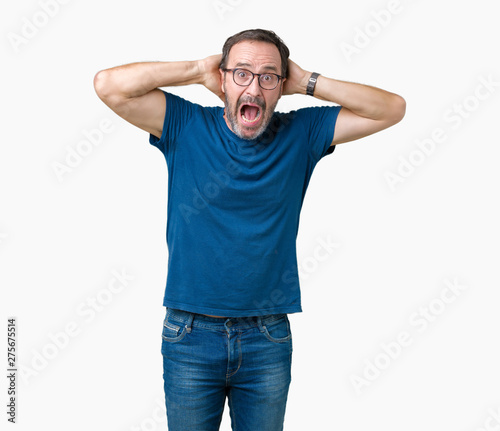 Handsome middle age hoary senior man wearin glasses over isolated background Crazy and scared with hands on head, afraid and surprised of shock with open mouth