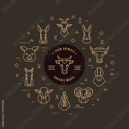 Circular vector set of heads of farm animals that are great for illustrations, infographics and logos of stores or other businesses. Icons isolated on a dark background.