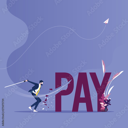 Pay cutting concept vector. Businessman cut tax word with sword