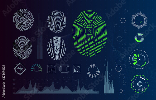 Fingerprint Scanning Identification system in futuristic HUD style. Biometric Interface. Recognition biometric technology and artificial intelligence concept. Scanning fingerprints HUD UI