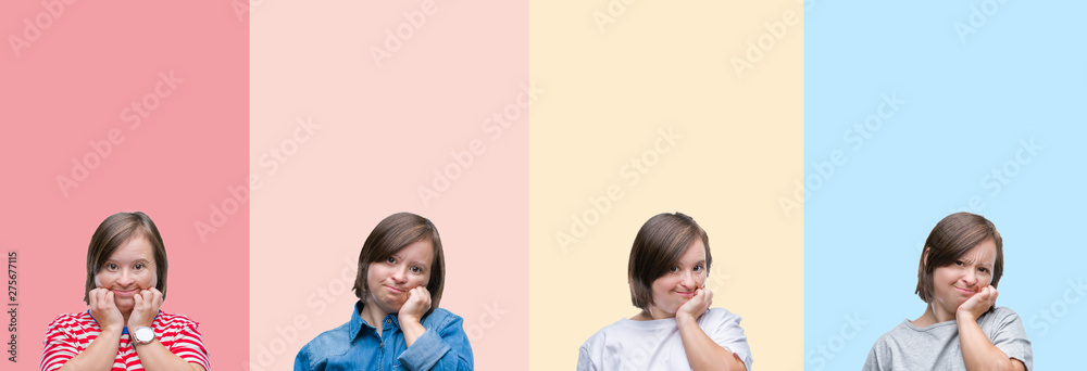 Obraz premium Collage of down syndrome woman over colorful stripes isolated background looking stressed and nervous with hands on mouth biting nails. Anxiety problem.