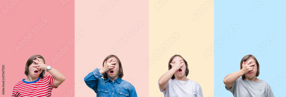 Obraz premium Collage of down syndrome woman over colorful stripes isolated background peeking in shock covering face and eyes with hand, looking through fingers with embarrassed expression.