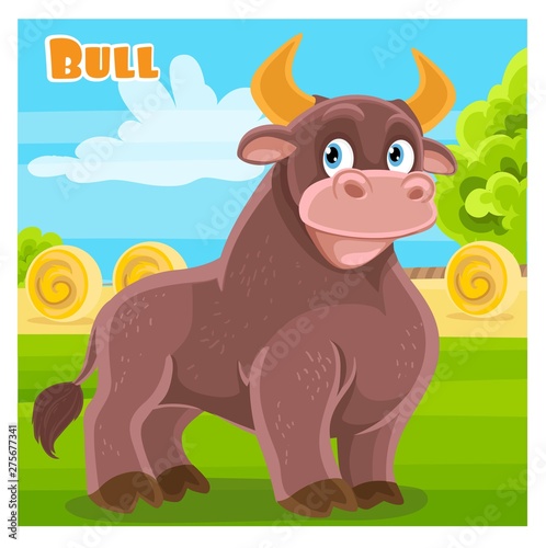 Cute cartoon bull on a farm background