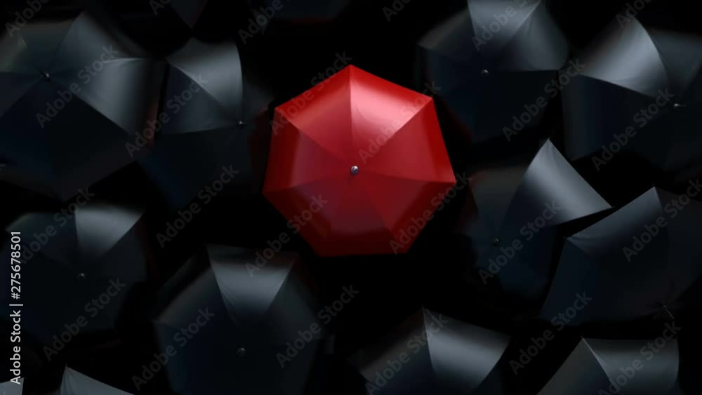 Red Umbrella Wades Through a Flow of Black Umbrellas, Leader in the Crowd Concept. Beautiful 3d Animation, 4K Ultra HD 3840x2160