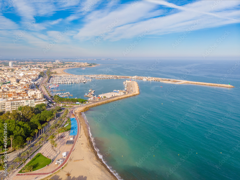 View of the coastline Cambrils, Costa Dourada, Catalonia, Spain. Drone aerial photo