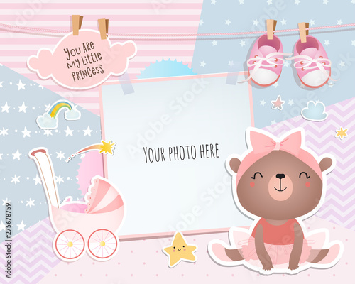 Baby girl shower card. Teddy bear. Arrival card with place for your photo.