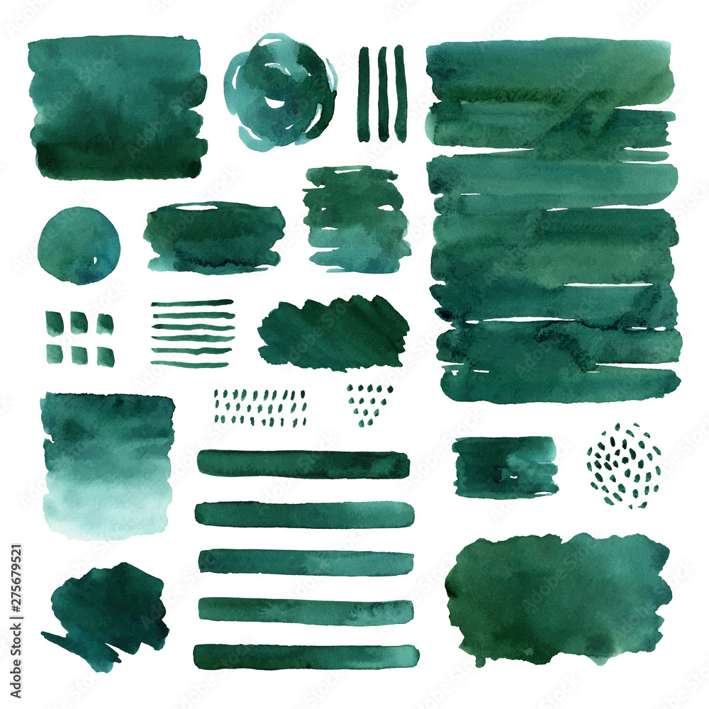 Set of hand painted watercolor abstract green elements isolated on white background. Creative collection for your design - obrazy, fototapety, plakaty 