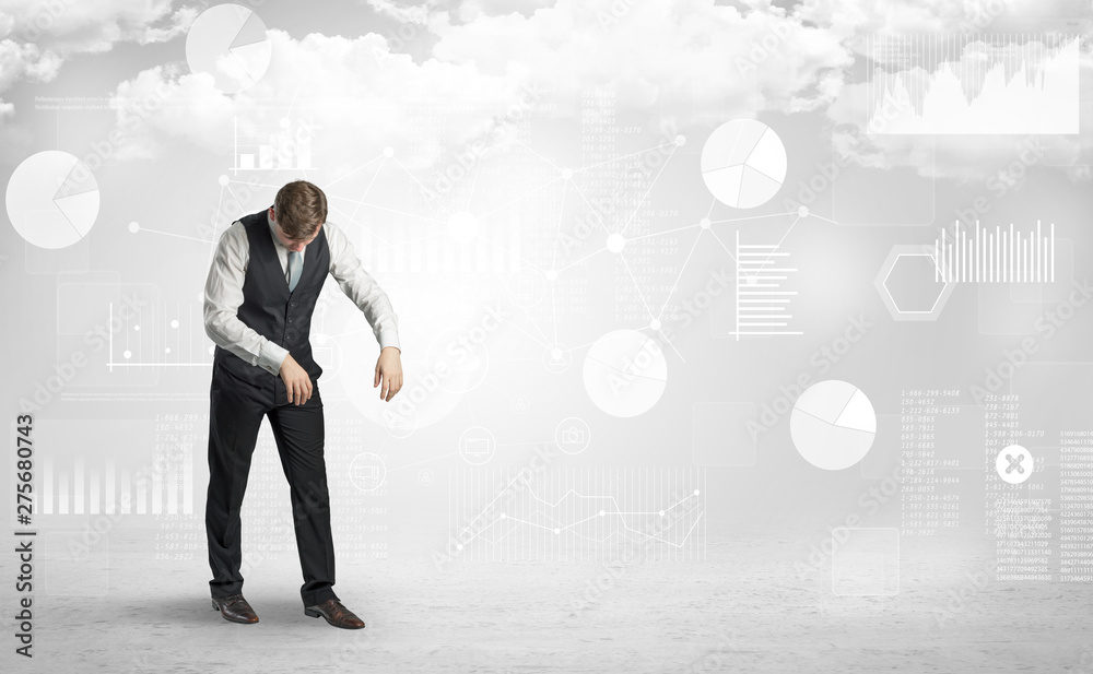 Fototapeta premium Workaholic businessman dreaming about his work, report, graphs and charts 