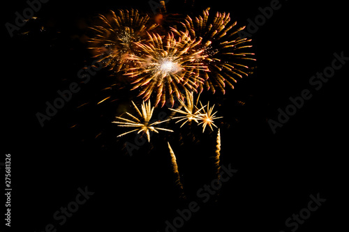 Colorful fireworks against a black night sky.Fireworks for new year. Beautiful colorful fireworks display on the urban lake for celebration on dark night background.