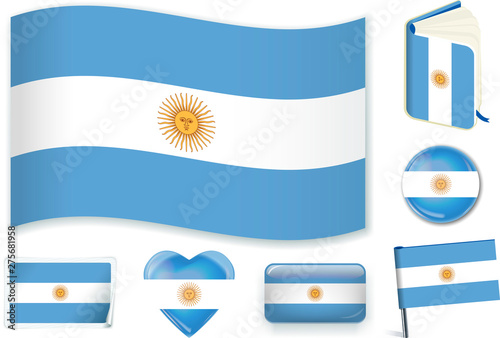 Argentina. Argentinian flag wave, book, circle, pin, button, heart and sticker.
