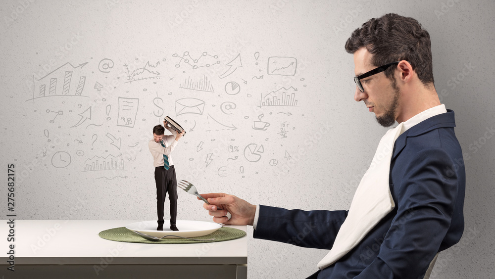Big businessman eating small one with doodled reports, charts and graphs concept Big businessman eating small one with doodled reports, charts and graphs concept