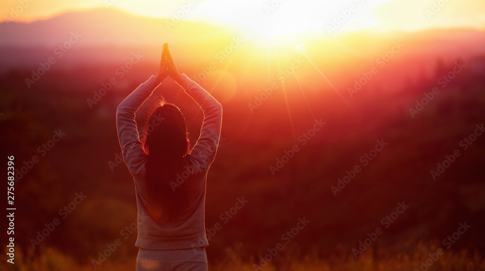 Yoga Woman Meditating At Sunset - obrazy, fototapety, plakaty 