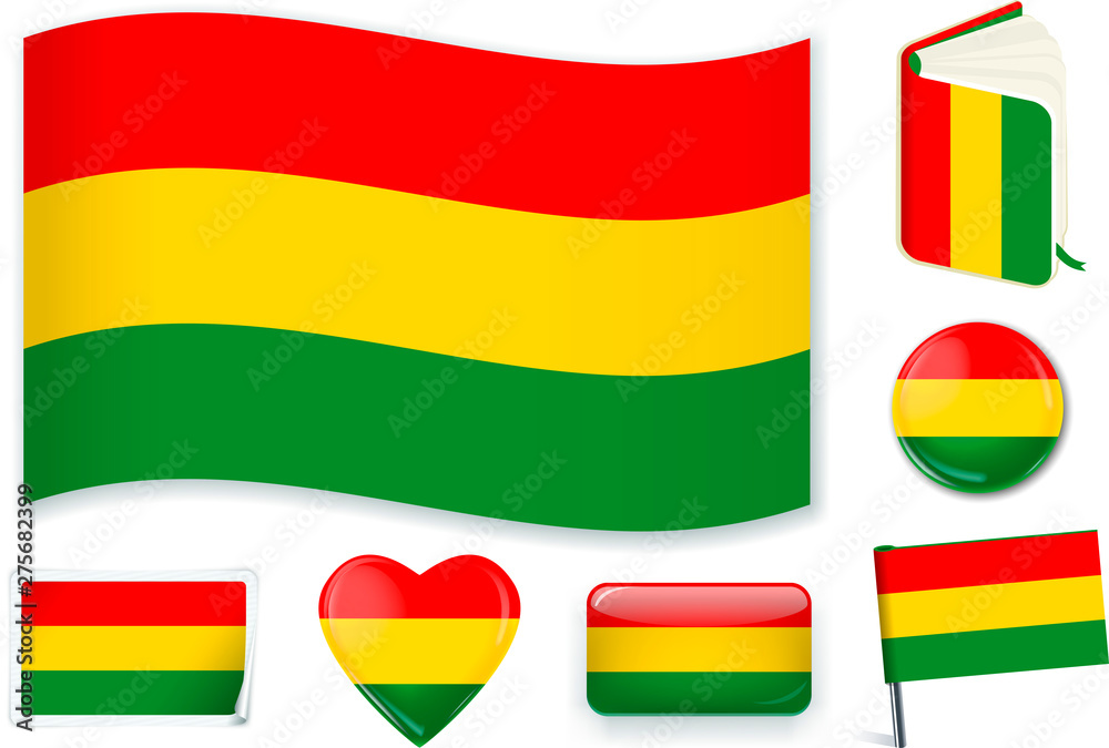 Obraz premium Bolivia. Bolivian flag wave, book, circle, pin, button, heart and sticker.
