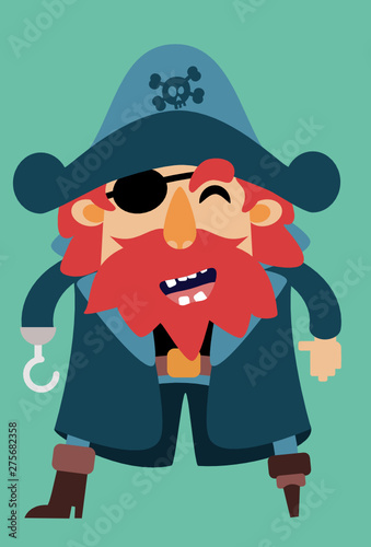 Fully editable vector illustration of a pirate with red hair, red beard, a wooden leg an eyepatch and a hook for a hand.