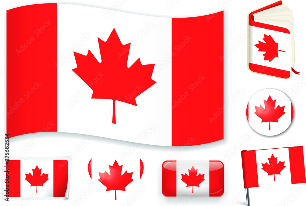 Canada. Canadian flag wave, book, circle, pin, button, heart and sticker. Canada. Canadian flag wave, book, circle, pin, button, heart and sticker.