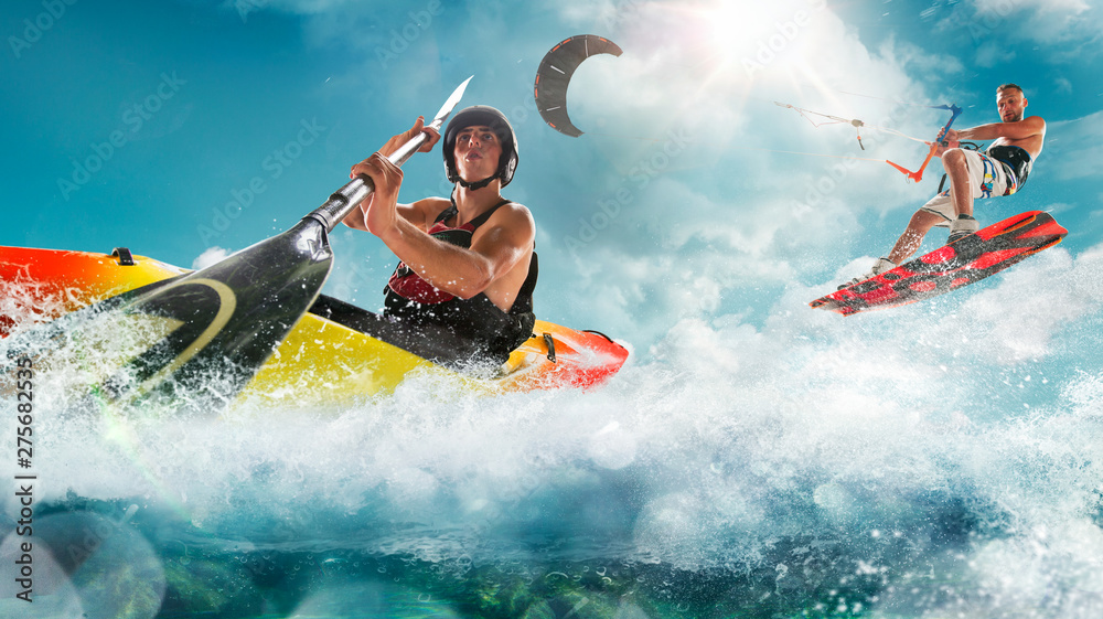 Extreme kayaking and water scooter in tropical ocean.