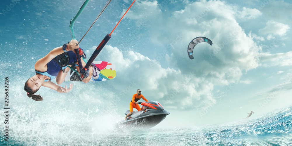 Kite surfing and water scooter in tropical ocean. Kite surfing and water scooter in tropical ocean.