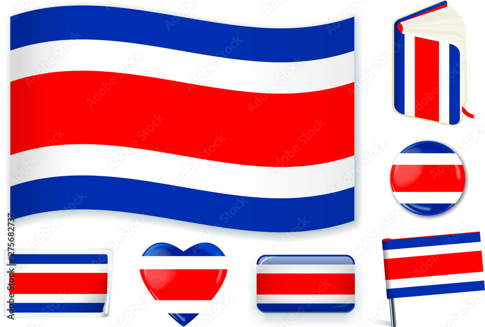 Fototapeta premium Costa Rica flag wave, book, circle, pin, button, heart and sticker.