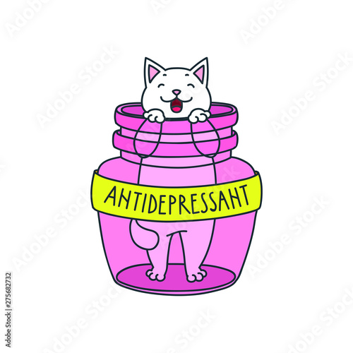 Antidepressant. Cute illustration of funny cat sitting in a pink bottle isolated on white background. Vector 8 EPS.