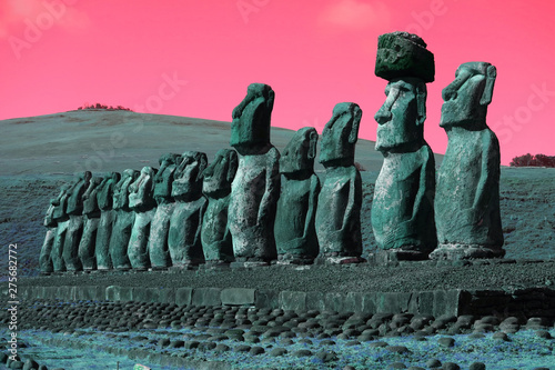 Pop art surreal styled huge Moai statues of Ahu Tongariki, Easter Island, Chile, South America photo