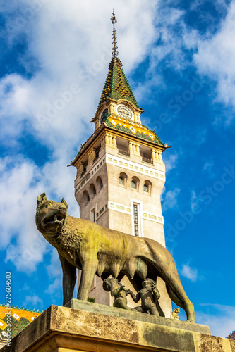 Latinity Memorial in front of the Prefecture, Headquarters of Mures County Council or former City Hall spire in Targu Mures, Mures County, Transylvania Romania photo