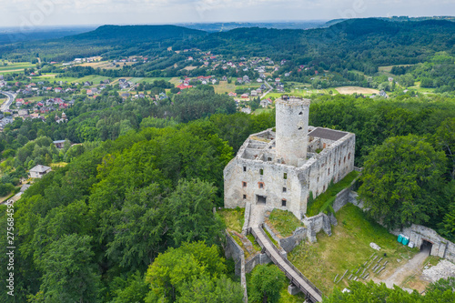 Fototapeta Naklejka Na Ścianę i Meble -  Aerial view of Lipowiec castle.. Historic castle Lipowiec and antique building museum. The ruins of the top of the mountain. Summer time.